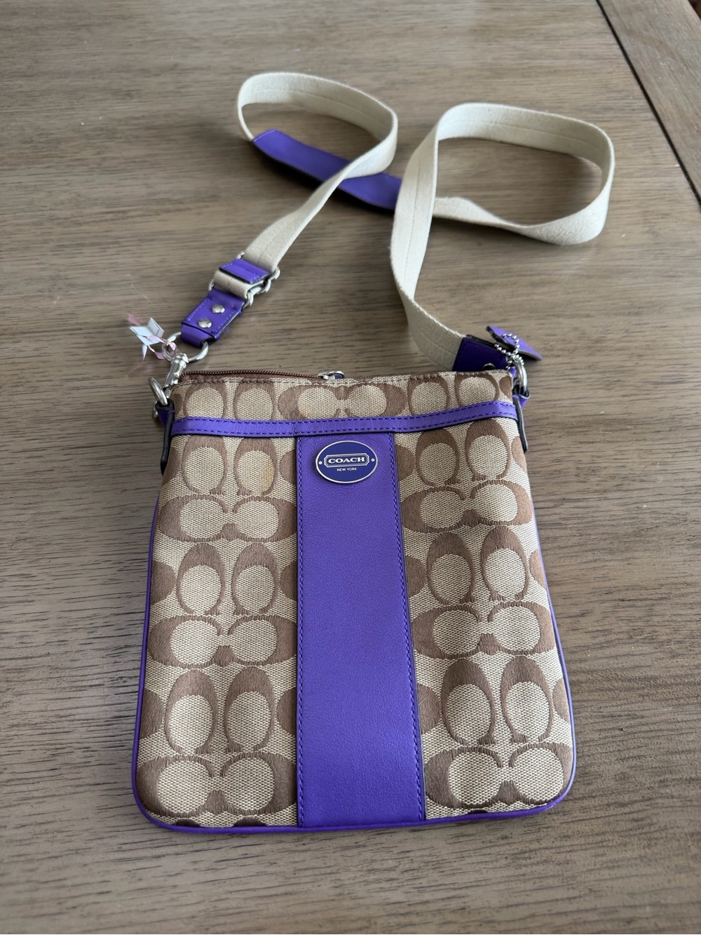 Coach legacy stripe swing back Tan Signature Crossbody with Purple Trim